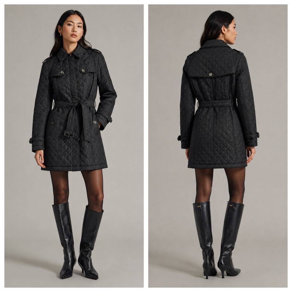 Burberry Brit Black Quilted Belted Trench Coat Jacket M